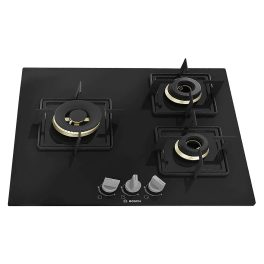 Bosch Series 4 Built in Gas Hob Tempered Glass 3 Burner Auto Ignition 60 cm True Brass 2D Ring Burners with Glossy Black Heat Shields & Enameld pan supports, Black, PNC6B6F10I