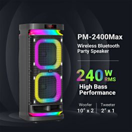 AKAI Wireless Party Speaker, 240W RMS, 10'' x 2 Woofer, Karaoke, Guitar Input, RGB LED Lights, Digital Display, TWS Function, Black, PM-2400Max