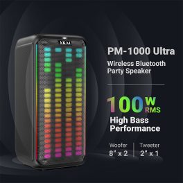 AKAI Party Speaker, 100W RMS With Remote, 8'' x 2 Woofer, Karaoke, Wired Mic Socket, RGB LED Lights, Digital Display, TWS Function, PM-1000 Ultra