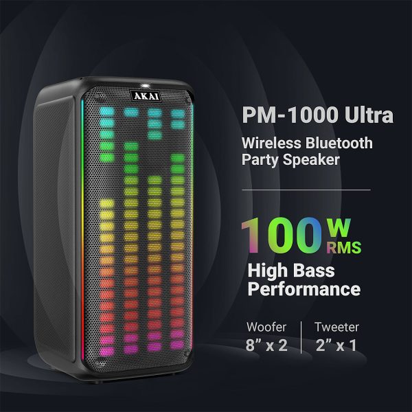 AKAI Party Speaker, 100W RMS With Remote, 8'' x 2 Woofer, Karaoke, Wired Mic Socket, RGB LED Lights, Digital Display, TWS Function, PM-1000 Ultra
