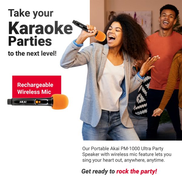 AKAI Party Speaker, 100W RMS With Remote, 8'' x 2 Woofer, Karaoke, Wired Mic Socket, RGB LED Lights, Digital Display, TWS Function, PM-1000 Ultra