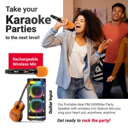 AKAI Wireless Party Speaker, 240W RMS, 10'' x 2 Woofer, Karaoke, Guitar Input, RGB LED Lights, Digital Display, TWS Function, Black, PM-2400Max