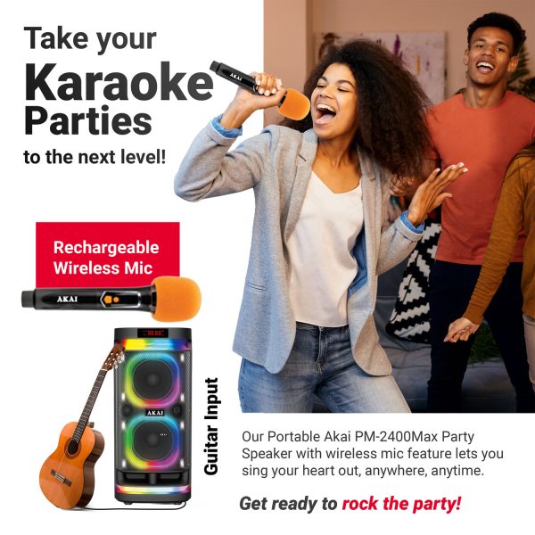 AKAI Wireless Party Speaker, 240W RMS, 10'' x 2 Woofer, Karaoke, Guitar Input, RGB LED Lights, Digital Display, TWS Function, Black, PM-2400Max
