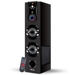 AKAI Bluetooth Twin Tower Speaker with Wired Mic, 60W RMS, 5.25'' Woofer, Remote Control, Karaoke, LED Display, FM, Black, TWS-600Max 