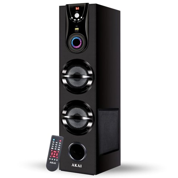 AKAI Bluetooth Twin Tower Speaker with Wired Mic, 60W RMS, 5.25'' Woofer, Remote Control, Karaoke, LED Display, FM, Black, TWS-600Max 