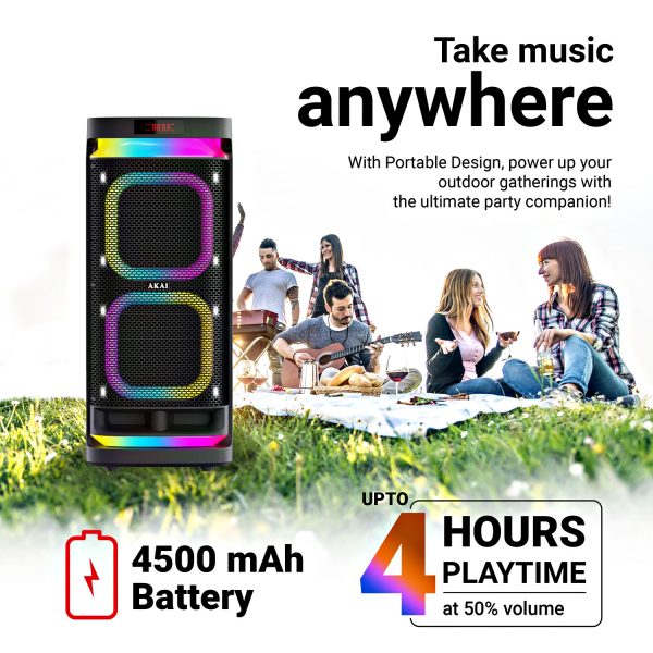AKAI Wireless Party Speaker, 240W RMS, 10'' x 2 Woofer, Karaoke, Guitar Input, RGB LED Lights, Digital Display, TWS Function, Black, PM-2400Max