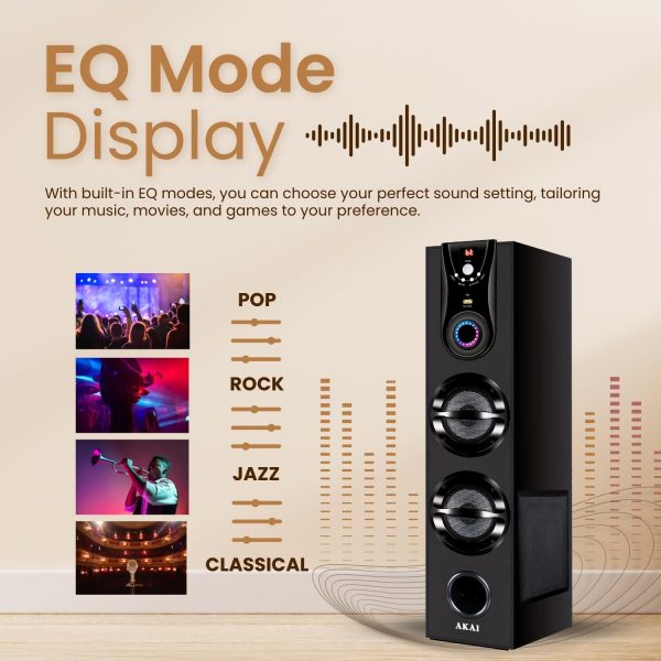 AKAI Bluetooth Twin Tower Speaker with Wired Mic, 60W RMS, 5.25'' Woofer, Remote Control, Karaoke, LED Display, FM, Black, TWS-600Max 