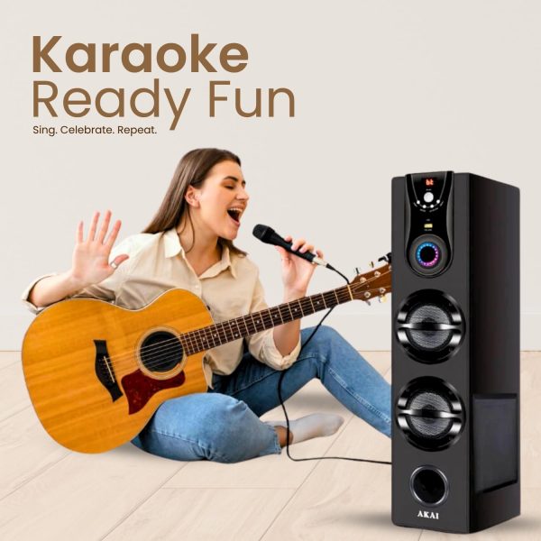 AKAI Bluetooth Twin Tower Speaker with Wired Mic, 60W RMS, 5.25'' Woofer, Remote Control, Karaoke, LED Display, FM, Black, TWS-600Max 