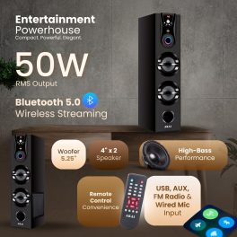 AKAI Bluetooth Twin Tower Speaker with Wired Mic, 60W RMS, 5.25'' Woofer, Remote Control, Karaoke, LED Display, FM, Black, TWS-600Max 