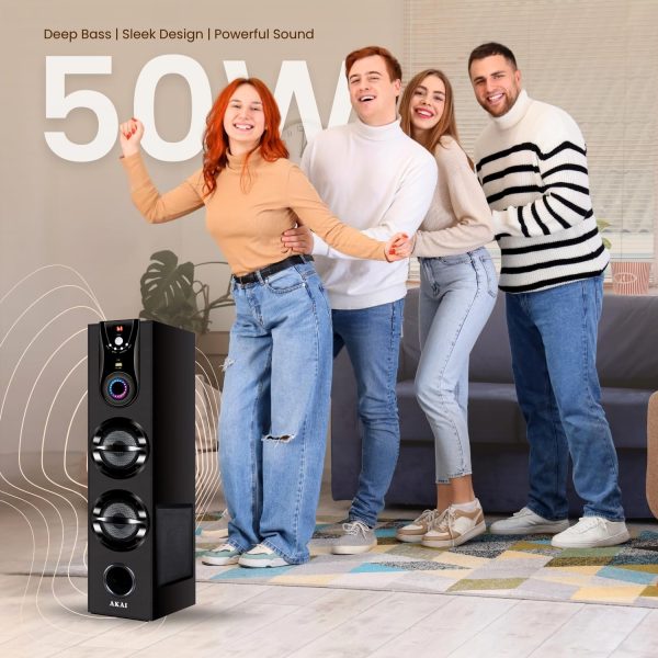 AKAI Bluetooth Twin Tower Speaker with Wired Mic, 60W RMS, 5.25'' Woofer, Remote Control, Karaoke, LED Display, FM, Black, TWS-600Max 