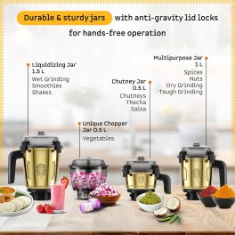 Atomberg Mixer Grinder, Unique Coarse Mode for Silbatta-like Texture, Intelligent BLDC Motor, Safety Features, 4 Jars including Chopper, Hands-Free Operation (Heritage Brass-Pearl White) Zenova