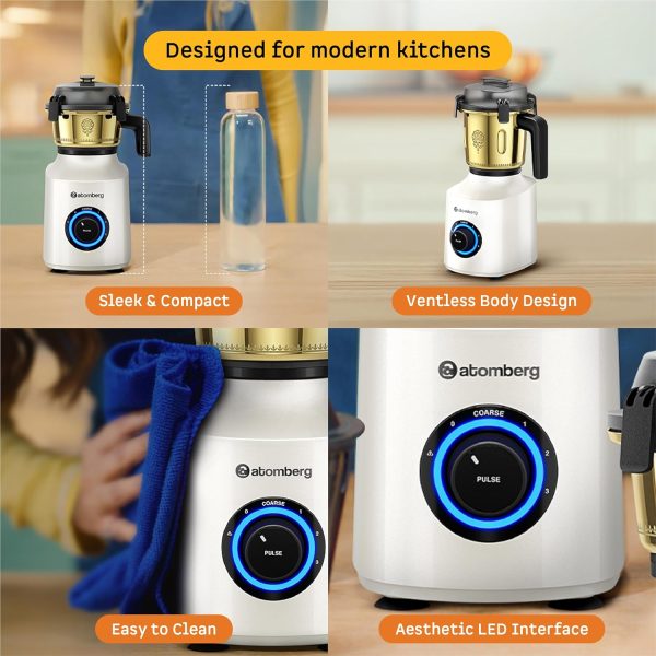 Atomberg Mixer Grinder, Unique Coarse Mode for Silbatta-like Texture, Intelligent BLDC Motor, Safety Features, 4 Jars including Chopper, Hands-Free Operation (Heritage Brass-Pearl White) Zenova