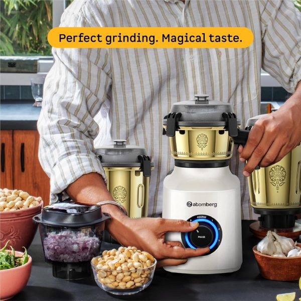 Atomberg Mixer Grinder, Unique Coarse Mode for Silbatta-like Texture, Intelligent BLDC Motor, Safety Features, 4 Jars including Chopper, Hands-Free Operation (Heritage Brass-Pearl White) Zenova