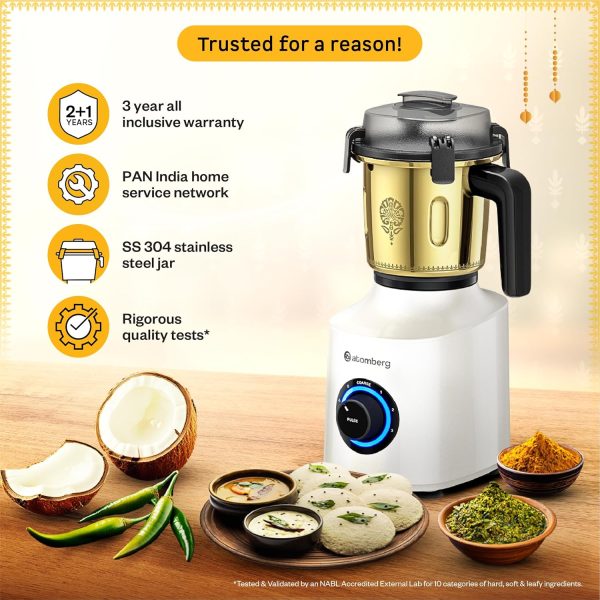 Atomberg Mixer Grinder, Unique Coarse Mode for Silbatta-like Texture, Intelligent BLDC Motor, Safety Features, 4 Jars including Chopper, Hands-Free Operation (Heritage Brass-Pearl White) Zenova
