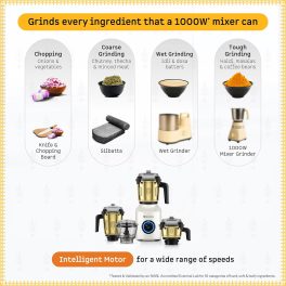 Atomberg Mixer Grinder, Unique Coarse Mode for Silbatta-like Texture, Intelligent BLDC Motor, Safety Features, 4 Jars including Chopper, Hands-Free Operation (Heritage Brass-Pearl White) Zenova