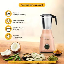 Bosch TrueMixx 750 W 3 Jar, Stainless steel blades for high performance wet, dry and chutney grinding Mixer Grinder, Peach, MG4413C4PI