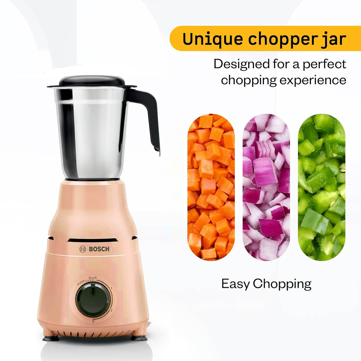 Bosch TrueMixx 750 W 3 Jar, Stainless steel blades for high performance wet, dry and chutney grinding Mixer Grinder, Peach, MG4413C4PI Bosch TrueMixx 750 W 3 Jar, Stainless steel blades for high performance wet, dry and chutney grinding Mixer Grinder, Peach, MG4413C4PI
