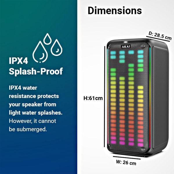 AKAI Party Speaker, 100W RMS With Remote, 8'' x 2 Woofer, Karaoke, Wired Mic Socket, RGB LED Lights, Digital Display, TWS Function, PM-1000 Ultra