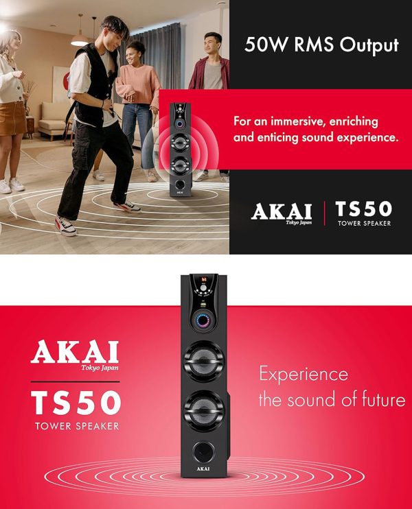 AKAI Bluetooth Twin Tower Speaker with Wired Mic, 60W RMS, 5.25'' Woofer, Remote Control, Karaoke, LED Display, FM, Black, TWS-600Max 