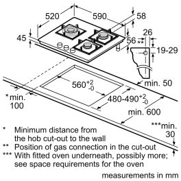 Bosch Series 4 Built in Gas Hob Tempered Glass 3 Burner Auto Ignition 60 cm True Brass 2D Ring Burners with Glossy Black Heat Shields & Enameld pan supports, Black, PNC6B6F10I
