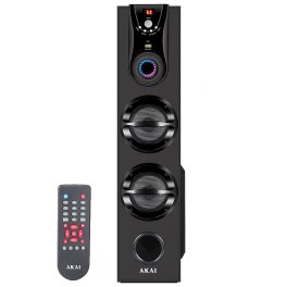AKAI Bluetooth Twin Tower Speaker with Wired Mic, 60W RMS, 5.25'' Woofer, Remote Control, Karaoke, LED Display, FM, Black, TWS-600Max 