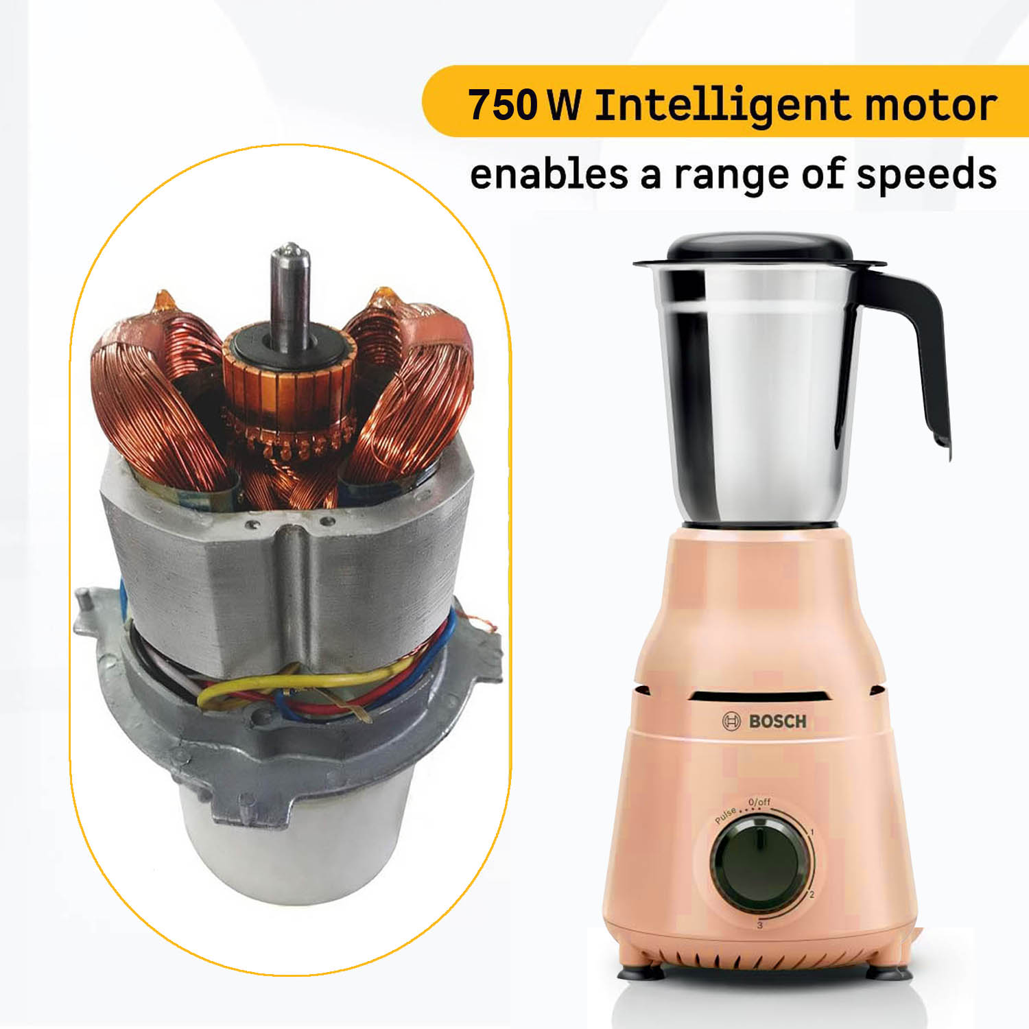 Bosch TrueMixx 750 W 3 Jar, Stainless steel blades for high performance wet, dry and chutney grinding Mixer Grinder, Peach, MG4413C4PI Bosch TrueMixx 750 W 3 Jar, Stainless steel blades for high performance wet, dry and chutney grinding Mixer Grinder, Peach, MG4413C4PI
