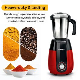 Bosch TrueMixx Pro 1000 W mixer grinder, Robust motor and specialized blunt pounding blade technology, unique lid-locks, Red-Black, MGM8842RIN