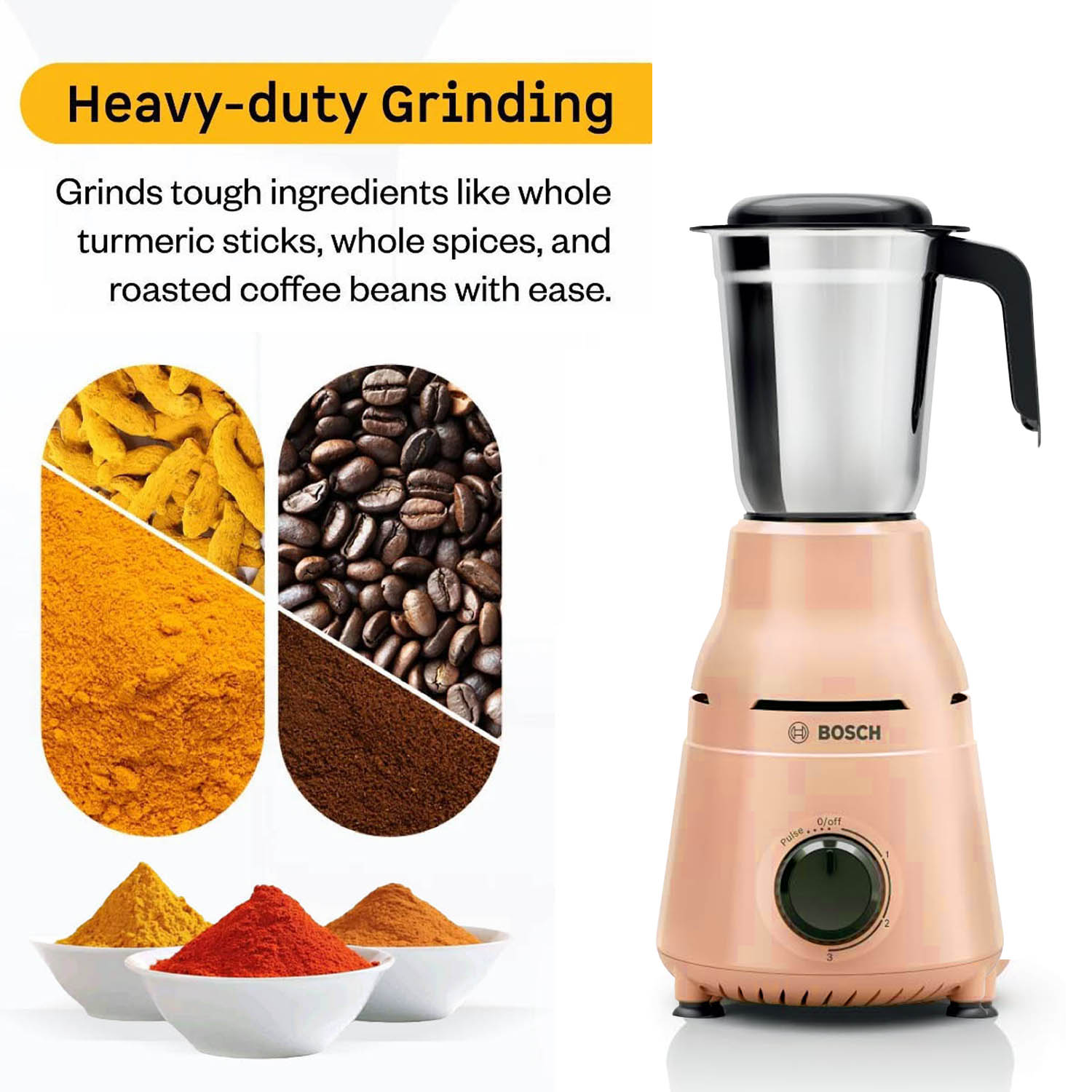 Bosch TrueMixx 750 W 3 Jar, Stainless steel blades for high performance wet, dry and chutney grinding Mixer Grinder, Peach, MG4413C4PI Bosch TrueMixx 750 W 3 Jar, Stainless steel blades for high performance wet, dry and chutney grinding Mixer Grinder, Peach, MG4413C4PI