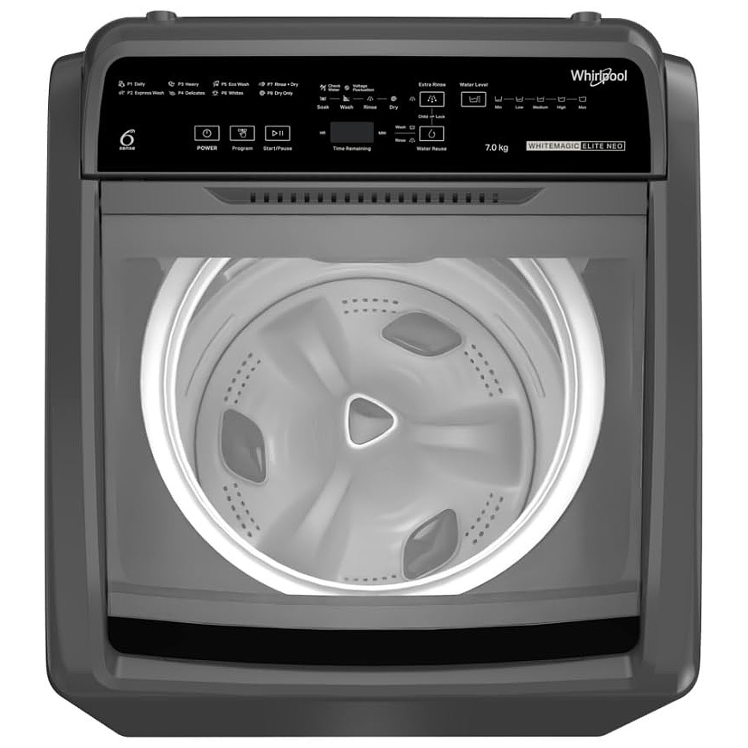 Whirlpool 7kg 5 Star Fully Automatic Top-Load Washing Machine, 8 Wash Program With 6th Sense Technology, Zero Pressure Fill, Grey, Whitemagic Elite Whirlpool 7kg 5 Star Fully Automatic Top-Load Washing Machine, 8 Wash Program With 6th Sense Technology, Zero Pressure Fill, Grey, Whitemagic Elite