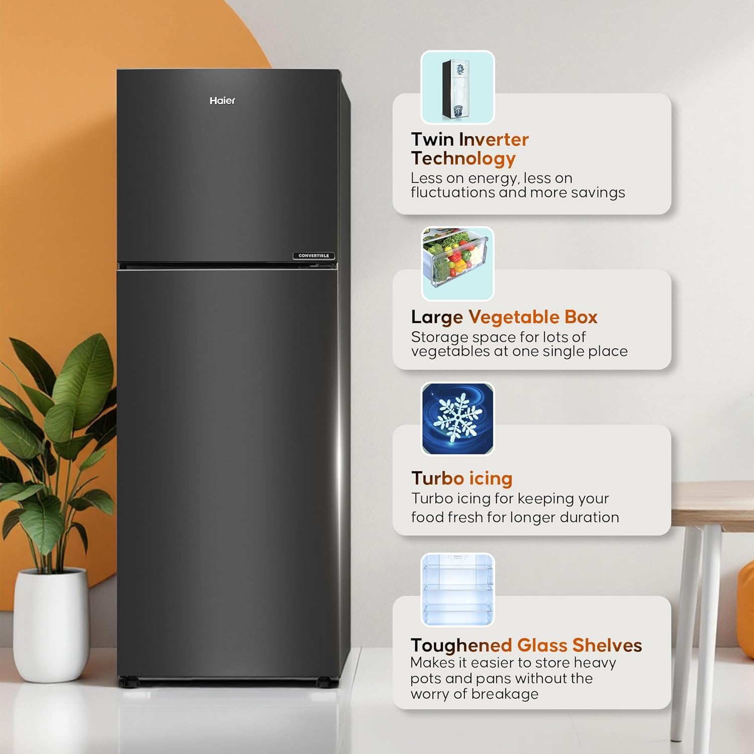 Haier 240L 2 Star Frost Free Top Mount Double Door Refrigerator, 5 In 1 Convertible Modes, Twin Inverter, 200% Faster Ice Making in 49 Minutes, GE Black, HRF-2902IBGB-P Haier 240L 2 Star Frost Free Top Mount Double Door Refrigerator, 5 In 1 Convertible Modes, Twin Inverter, 200% Faster Ice Making in 49 Minutes, GE Black, HRF-2902IBGB-P