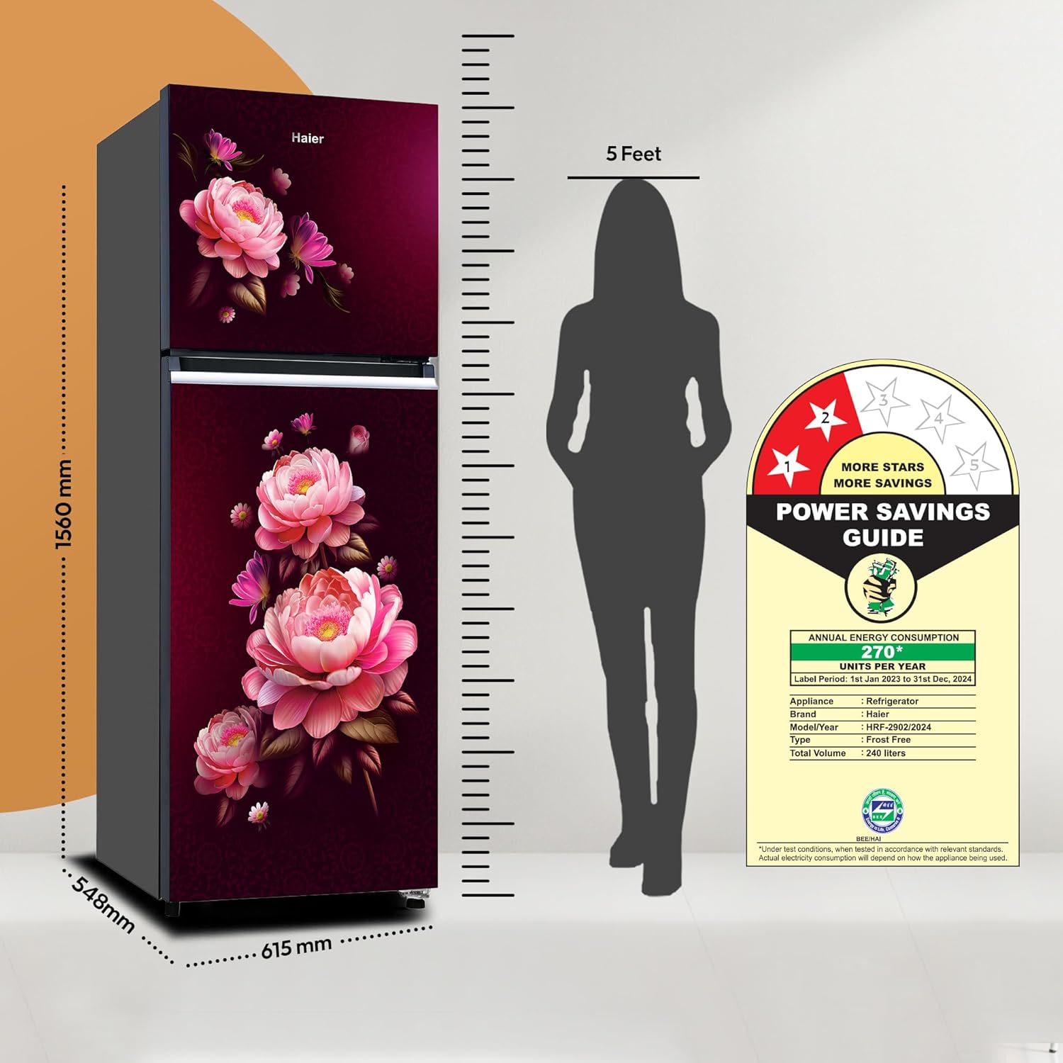 Haier 240L 2 Star Frost Free Top Mount Double Door Premium Chrome Strip, 5 In 1 Convertible Modes, 200% Faster Ice Making in 49 Minutes, Red Blossom, HRF-2902ICRB-P Haier 240L 2 Star Frost Free Top Mount Double Door Premium Chrome Strip, 5 In 1 Convertible Modes, 200% Faster Ice Making in 49 Minutes, Red Blossom, HRF-2902ICRB-P