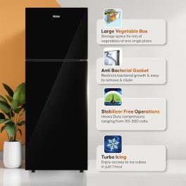 Haier 240L 2 Star Frost Free Top Mount Double Door Refrigerator, Cool Pad, 200% Faster Ice Making in 49 Minute, Black Glass, HRF-2902EKG-P