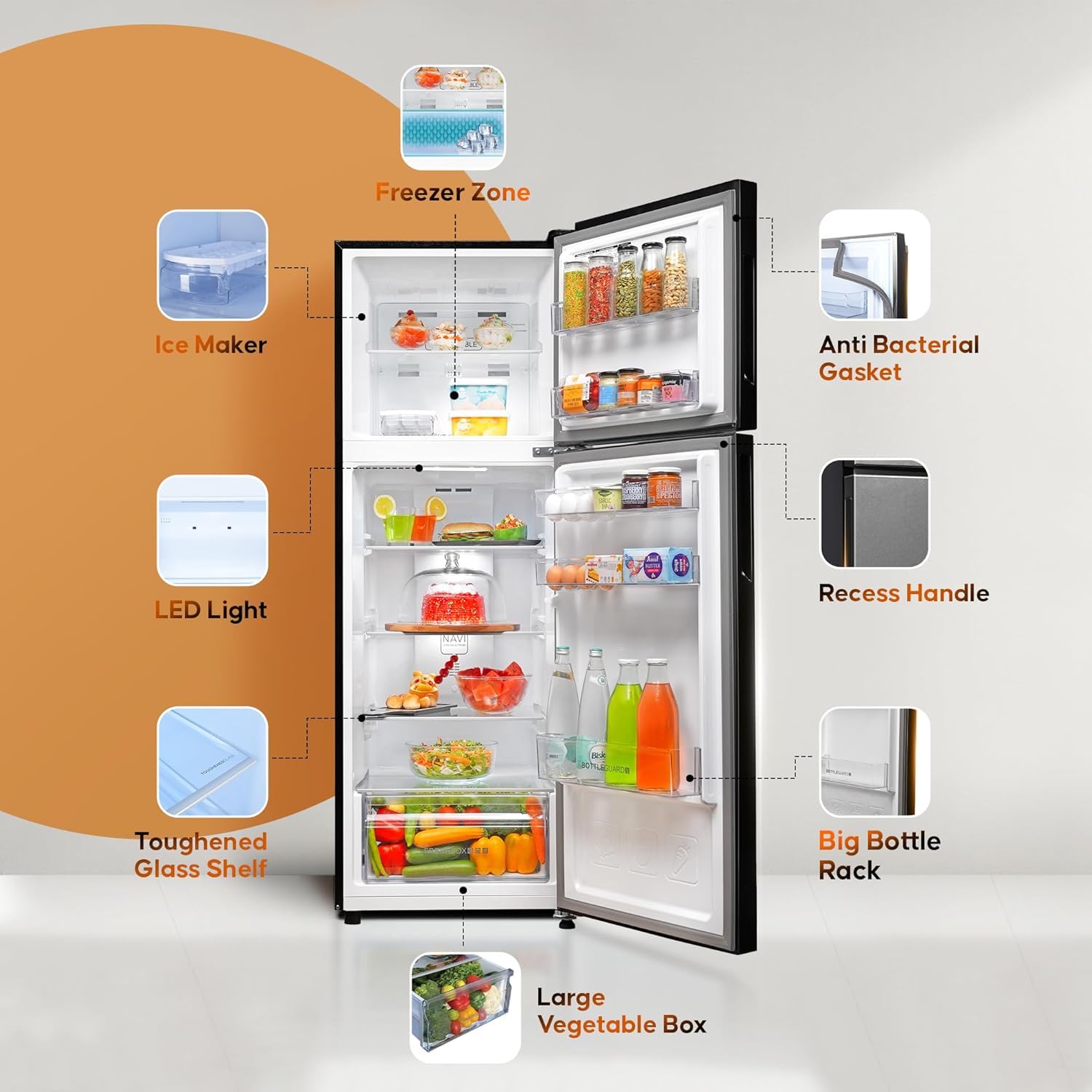 Haier 240L 2 Star Frost Free Top Mount Double Door Refrigerator, 5 In 1 Convertible Modes, Twin Inverter, 200% Faster Ice Making in 49 Minutes, GE Black, HRF-2902IBGB-P Haier 240L 2 Star Frost Free Top Mount Double Door Refrigerator, 5 In 1 Convertible Modes, Twin Inverter, 200% Faster Ice Making in 49 Minutes, GE Black, HRF-2902IBGB-P