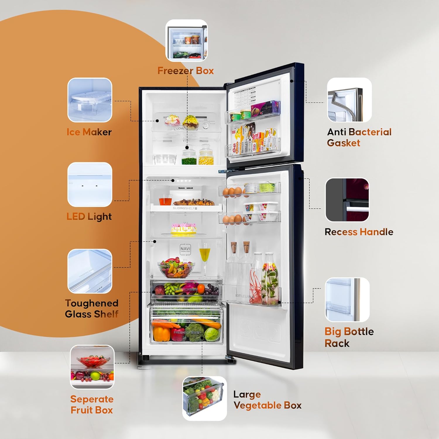 Haier 240L 2 Star Frost Free Top Mount Double Door Premium Chrome Strip, 5 In 1 Convertible Modes, 200% Faster Ice Making in 49 Minutes, Red Blossom, HRF-2902ICRB-P Haier 240L 2 Star Frost Free Top Mount Double Door Premium Chrome Strip, 5 In 1 Convertible Modes, 200% Faster Ice Making in 49 Minutes, Red Blossom, HRF-2902ICRB-P