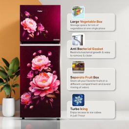 Haier 240L 2 Star Frost Free Top Mount Double Door Premium Chrome Strip, 5 In 1 Convertible Modes, 200% Faster Ice Making in 49 Minutes, Red Blossom, HRF-2902ICRB-P