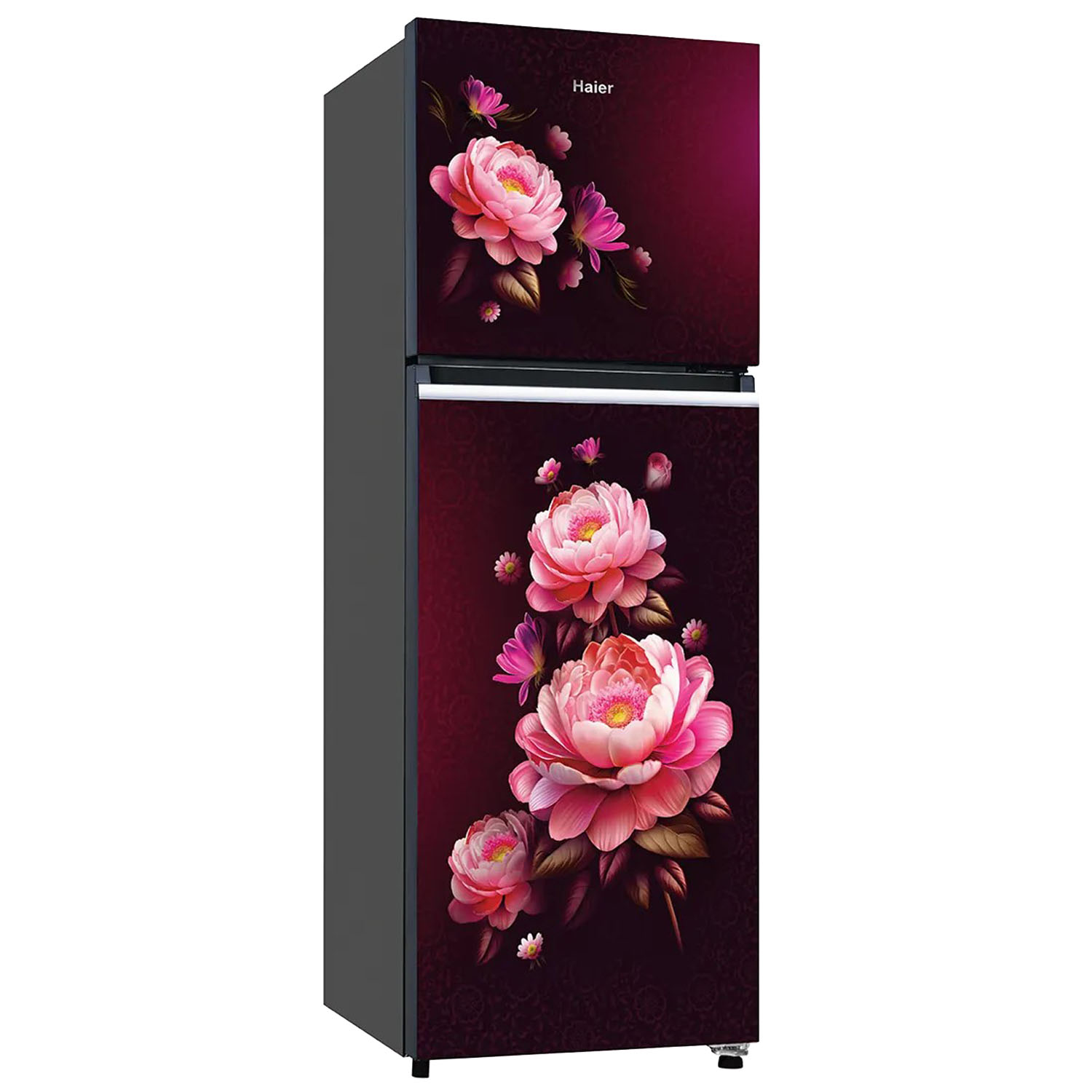 Haier 240L 2 Star Frost Free Top Mount Double Door Premium Chrome Strip, 5 In 1 Convertible Modes, 200% Faster Ice Making in 49 Minutes, Red Blossom, HRF-2902ICRB-P Haier 240L 2 Star Frost Free Top Mount Double Door Premium Chrome Strip, 5 In 1 Convertible Modes, 200% Faster Ice Making in 49 Minutes, Red Blossom, HRF-2902ICRB-P
