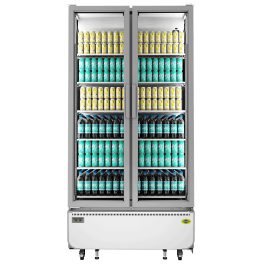 Western 908 Liter Visi Cooler Glass Standard Double Door Commercial Refrigerator, Automatic Defrost System, Air- Cooled, Low Power Consumption, Heavy-Duty Compressor, White-Grey, SRC1050-GL