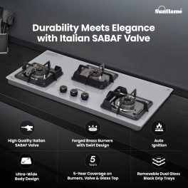 Sunflame 3 Burner Ultra-Slim Countertop Hob 80 cm Wide, Italian SABAF Valve, 5-Year Glasstop, Burners & Valve Coverage by Sunflame, Forged Brass Burners, Sturdy Pan Support with Flame Guar, Grey, SHA 380 AGS