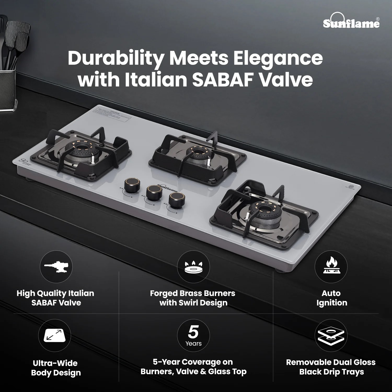 Sunflame 3 Burner Ultra-Slim Countertop Hob 80 cm Wide, Italian SABAF Valve, 5-Year Glasstop, Burners & Valve Coverage by Sunflame, Forged Brass Burners, Sturdy Pan Support with Flame Guar, Grey, SHA 380 AGS Sunflame 3 Burner Ultra-Slim Countertop Hob 80 cm Wide, Italian SABAF Valve, 5-Year Glasstop, Burners & Valve Coverage by Sunflame, Forged Brass Burners, Sturdy Pan Support with Flame Guar, Grey, SHA 380 AGS