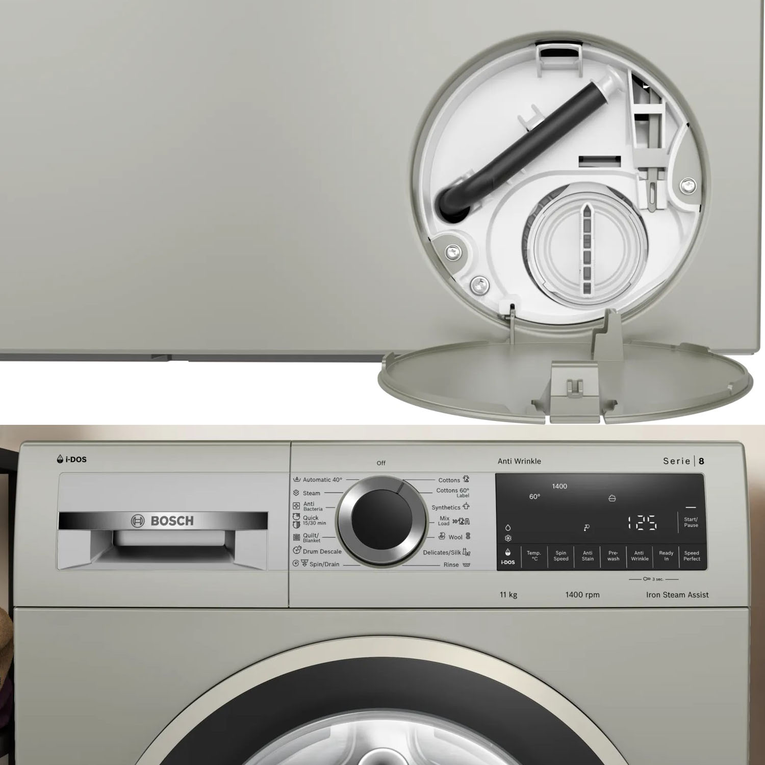 Bosch Series 8, 1400RPM 11 KG Fully Automatic Front Load washing machine, AntiStain Technology & Reload Function, Silver inox, WGA264AXIN Bosch Series 8, 1400RPM 11 KG Fully Automatic Front Load washing machine, AntiStain Technology & Reload Function, Silver inox, WGA264AXIN