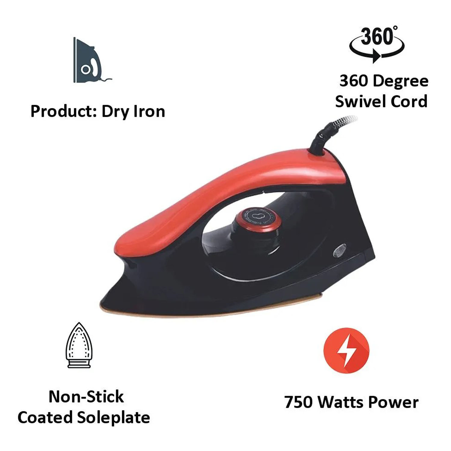 Sunflame 750 Watts Dry Iron, Automatic Temperature Control, Black & Red, Flair Sunflame 750 Watts Dry Iron, Automatic Temperature Control, Black & Red, Flair