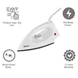 Sunflame 750-Watt Dry Iron, Quick Heating And Efficient Performance, Automatic Temperature Control, White, Opal