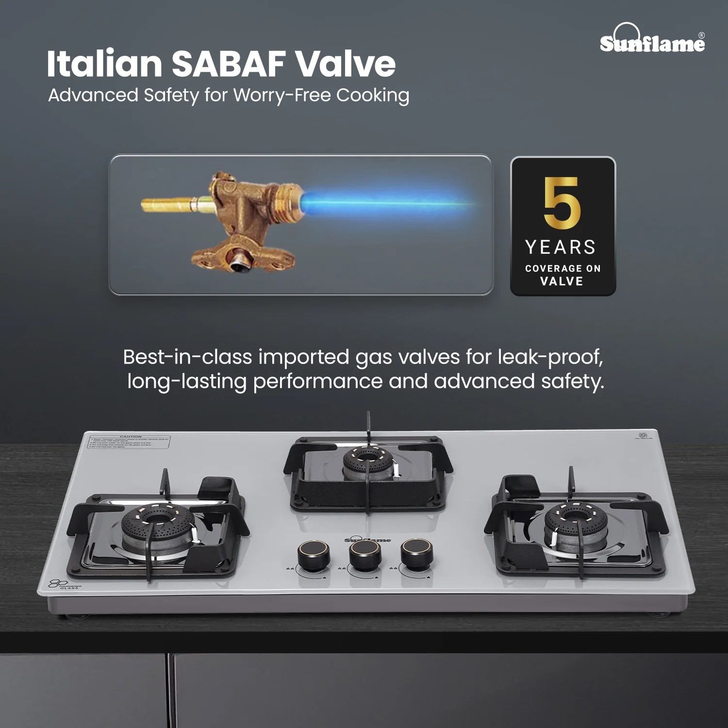 Sunflame 3 Burner Ultra-Slim Countertop Hob 80 cm Wide, Italian SABAF Valve, 5-Year Glasstop, Burners & Valve Coverage by Sunflame, Forged Brass Burners, Sturdy Pan Support with Flame Guar, Grey, SHA 380 AGS Sunflame 3 Burner Ultra-Slim Countertop Hob 80 cm Wide, Italian SABAF Valve, 5-Year Glasstop, Burners & Valve Coverage by Sunflame, Forged Brass Burners, Sturdy Pan Support with Flame Guar, Grey, SHA 380 AGS