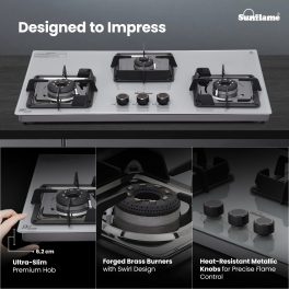 Sunflame 3 Burner Ultra-Slim Countertop Hob 80 cm Wide, Italian SABAF Valve, 5-Year Glasstop, Burners & Valve Coverage by Sunflame, Forged Brass Burners, Sturdy Pan Support with Flame Guar, Grey, SHA 380 AGS