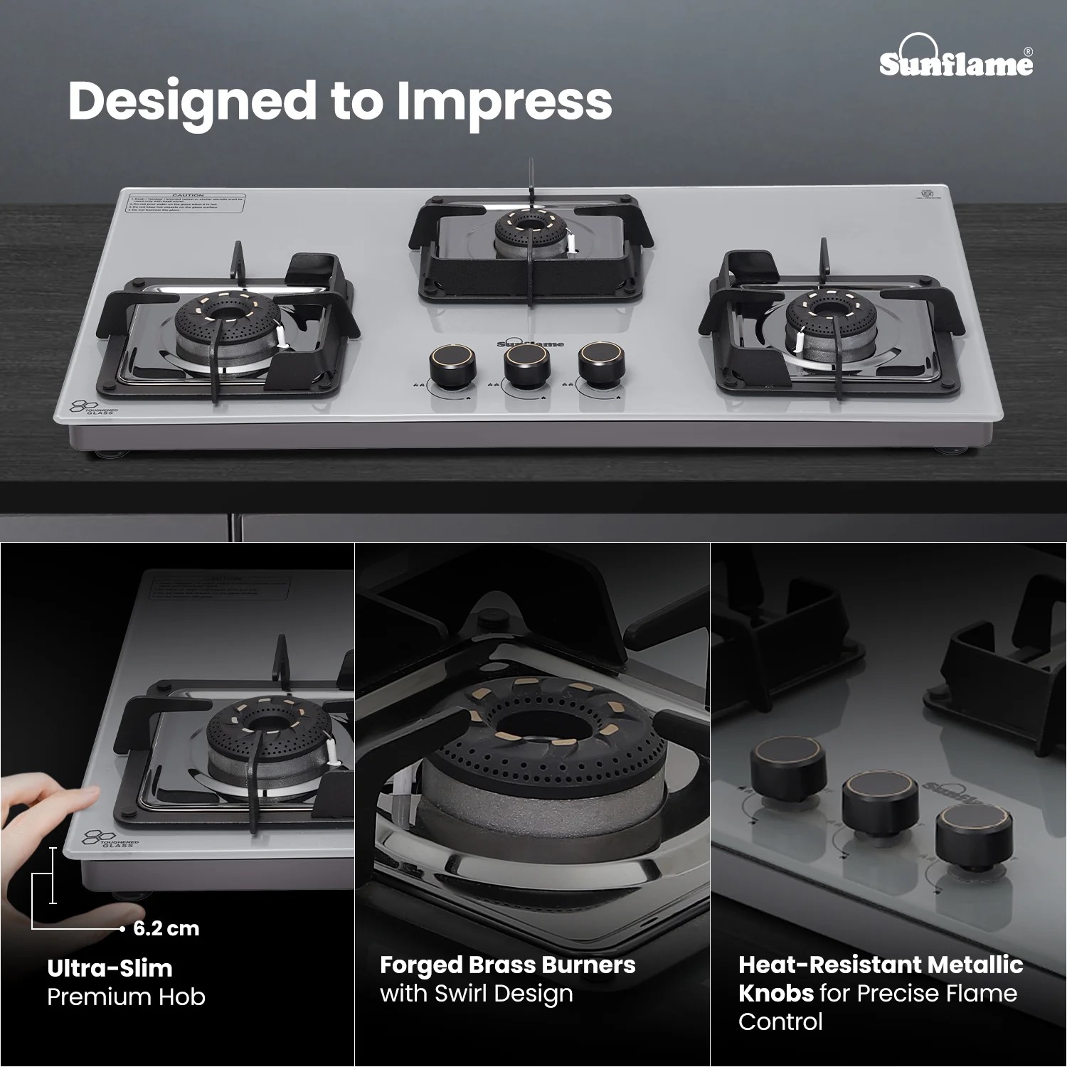 Sunflame 3 Burner Ultra-Slim Countertop Hob 80 cm Wide, Italian SABAF Valve, 5-Year Glasstop, Burners & Valve Coverage by Sunflame, Forged Brass Burners, Sturdy Pan Support with Flame Guar, Grey, SHA 380 AGS Sunflame 3 Burner Ultra-Slim Countertop Hob 80 cm Wide, Italian SABAF Valve, 5-Year Glasstop, Burners & Valve Coverage by Sunflame, Forged Brass Burners, Sturdy Pan Support with Flame Guar, Grey, SHA 380 AGS