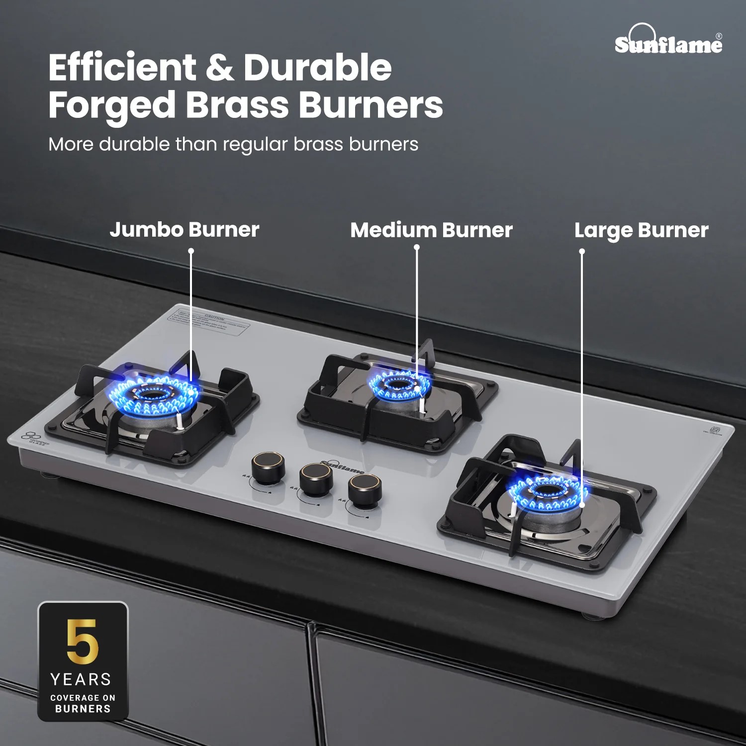 Sunflame 3 Burner Ultra-Slim Countertop Hob 80 cm Wide, Italian SABAF Valve, 5-Year Glasstop, Burners & Valve Coverage by Sunflame, Forged Brass Burners, Sturdy Pan Support with Flame Guar, Grey, SHA 380 AGS Sunflame 3 Burner Ultra-Slim Countertop Hob 80 cm Wide, Italian SABAF Valve, 5-Year Glasstop, Burners & Valve Coverage by Sunflame, Forged Brass Burners, Sturdy Pan Support with Flame Guar, Grey, SHA 380 AGS