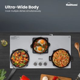 Sunflame 3 Burner Ultra-Slim Countertop Hob 80 cm Wide, Italian SABAF Valve, 5-Year Glasstop, Burners & Valve Coverage by Sunflame, Forged Brass Burners, Sturdy Pan Support with Flame Guar, Grey, SHA 380 AGS
