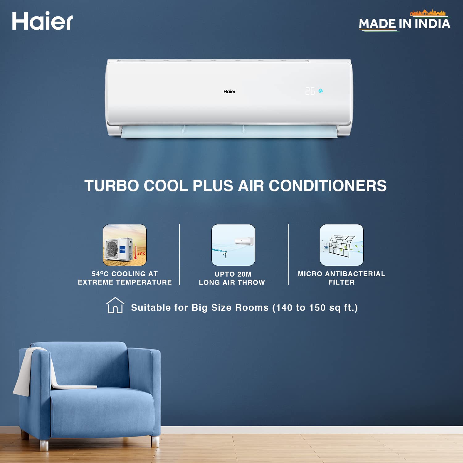 Haier 1.5 Ton 2 Star Fixed Speed Split AC, Copper Condenser Coil, Antibacterial Filter, White, HS50T-TBS2BE-FS Haier 1.5 Ton 2 Star Fixed Speed Split AC, Copper Condenser Coil, Antibacterial Filter, White, HS50T-TBS2BE-FS
