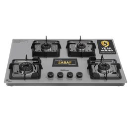 Sunflame 4 Burner Ultra-Slim Countertop Hob 80 cm Wide, Italian SABAF Valve, Forged Brass Burners, Sturdy Pan Support with Flame Guard, Grey, SHA 480 AGS