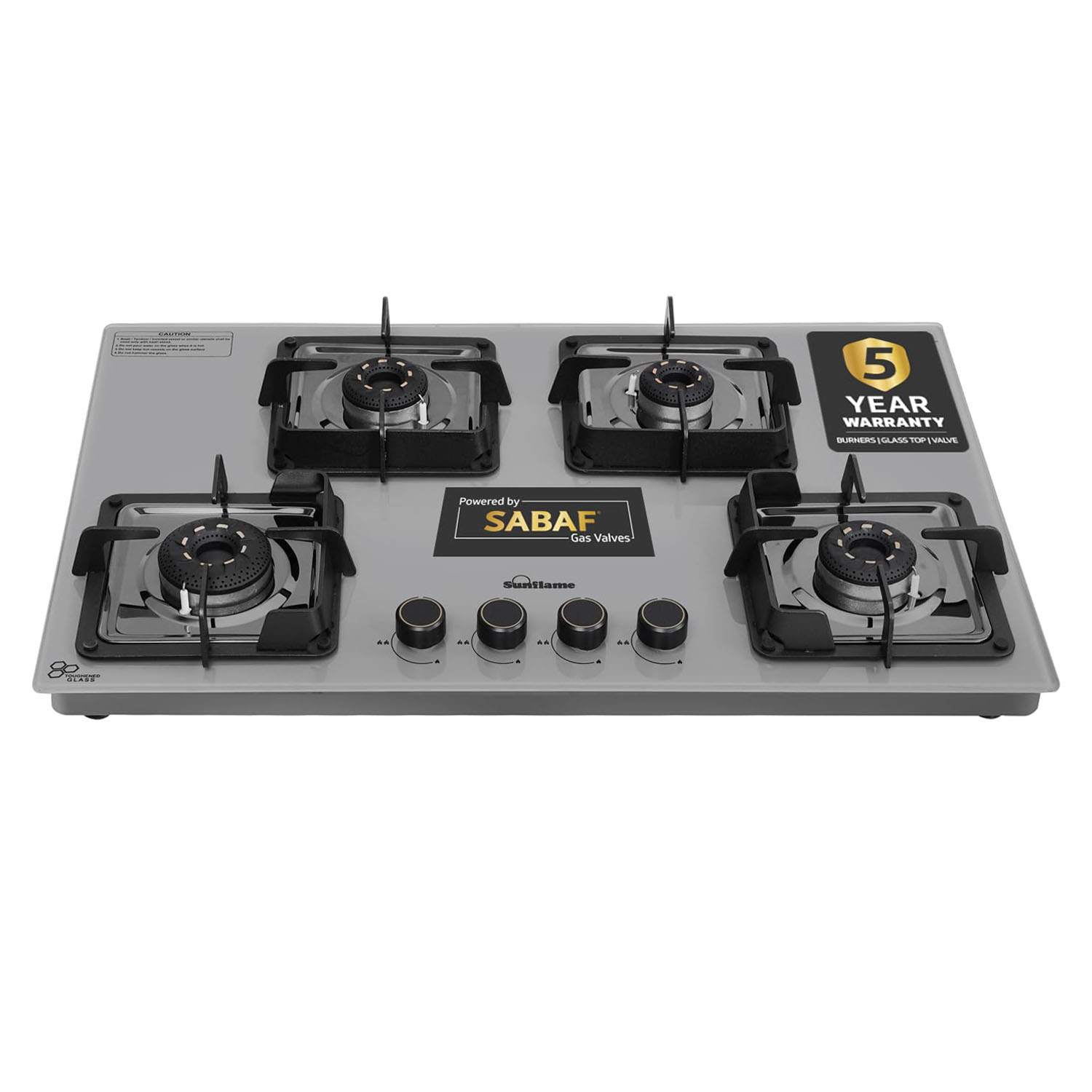 Sunflame 4 Burner Ultra-Slim Countertop Hob 80 cm Wide, Italian SABAF Valve, Forged Brass Burners, Sturdy Pan Support with Flame Guard, Grey, SHA 480 AGS Sunflame 4 Burner Ultra-Slim Countertop Hob 80 cm Wide, Italian SABAF Valve, Forged Brass Burners, Sturdy Pan Support with Flame Guard, Grey, SHA 480 AGS